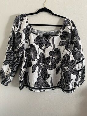 Tahari Womens Floral Boxy Top Blouse Vacation Linen Resort Tropical Boho